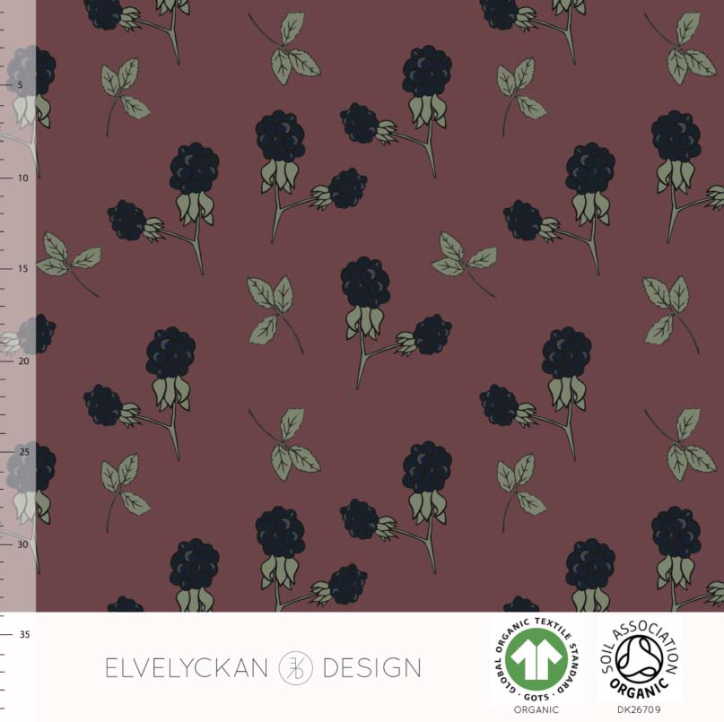 Elvelyckan - Organic Cotton Lycra - Blackberries on Burgundy - 1 yard