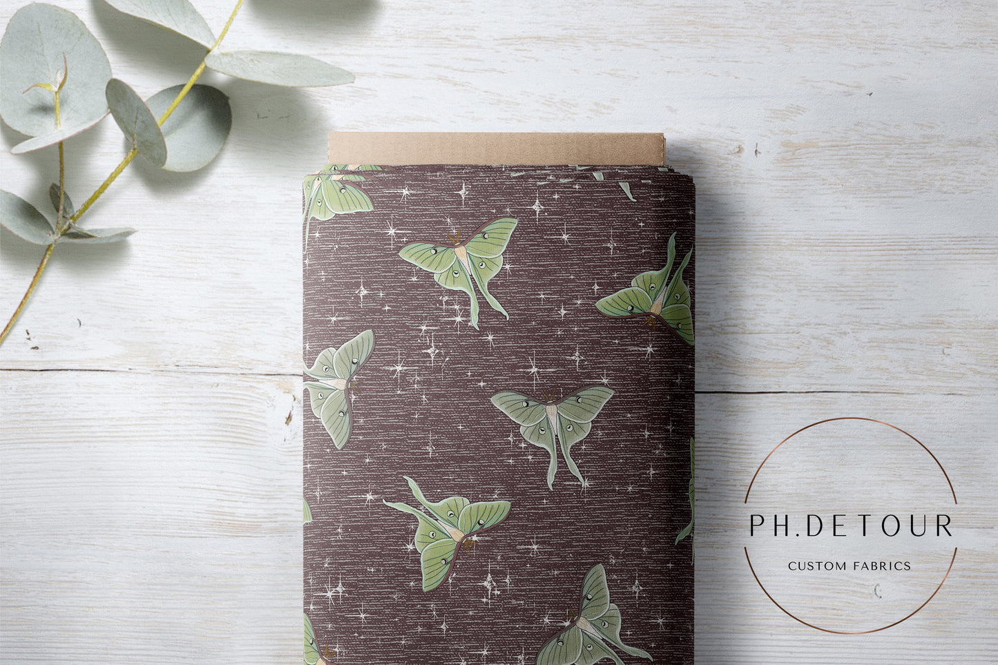 PREORDER - Luna Moths on Handwoven Texture Raisin - 1072 - Choose Your Base