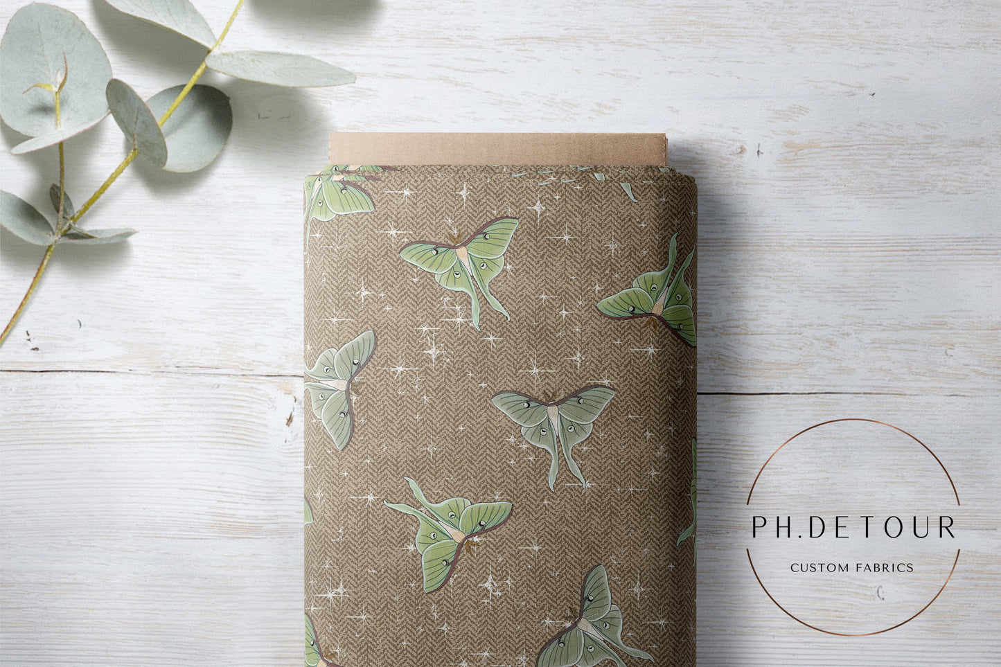 PREORDER - Luna Moths on Herringbone Texture Khaki - 1084 - Choose Your Base