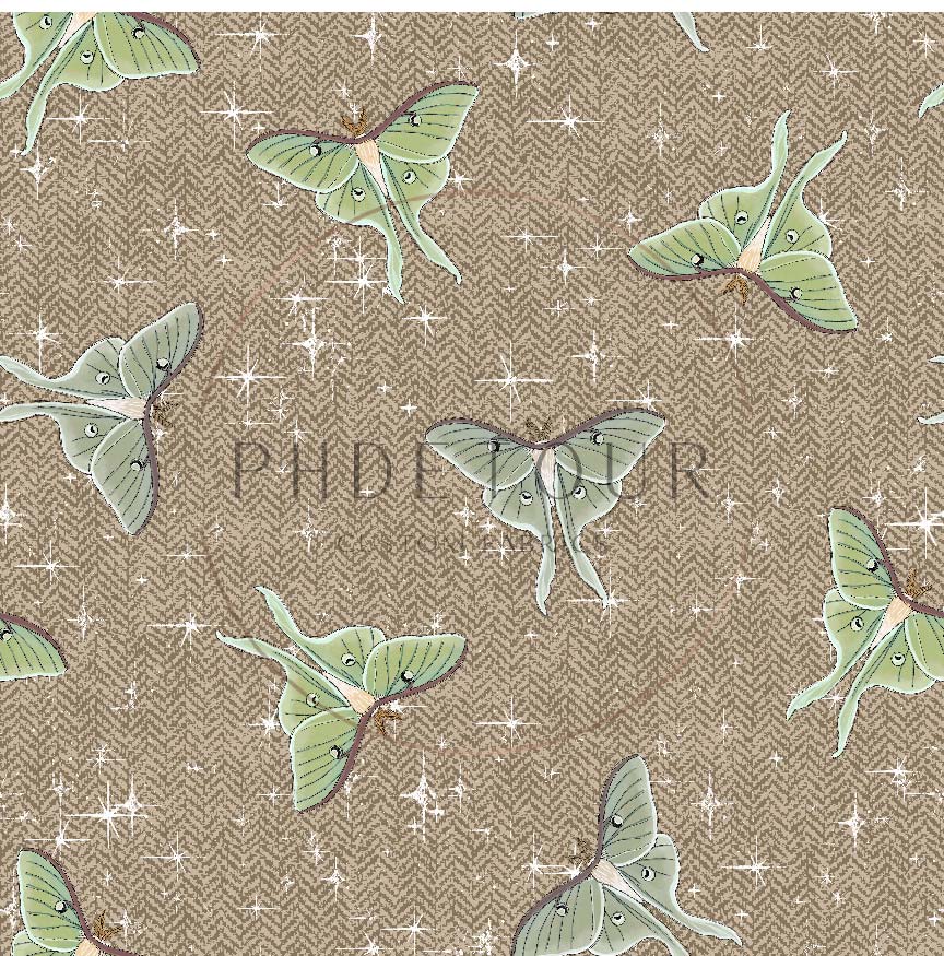 PREORDER - Luna Moths on Herringbone Texture Khaki - 1084 - Choose Your Base