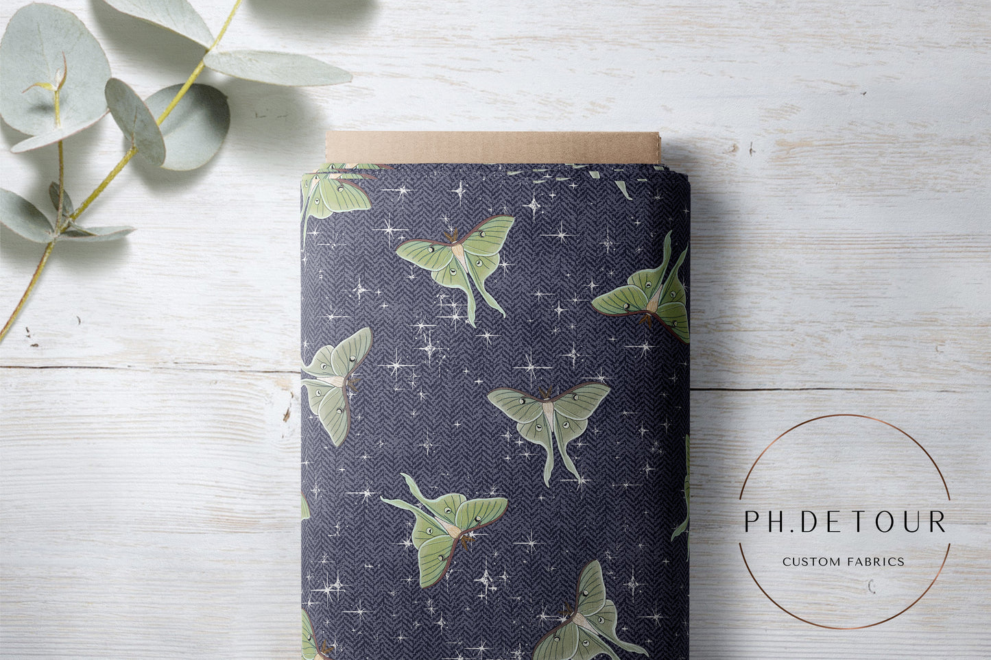 PREORDER - Luna Moths on Herringbone Texture Navy - 1086 - Choose Your Base