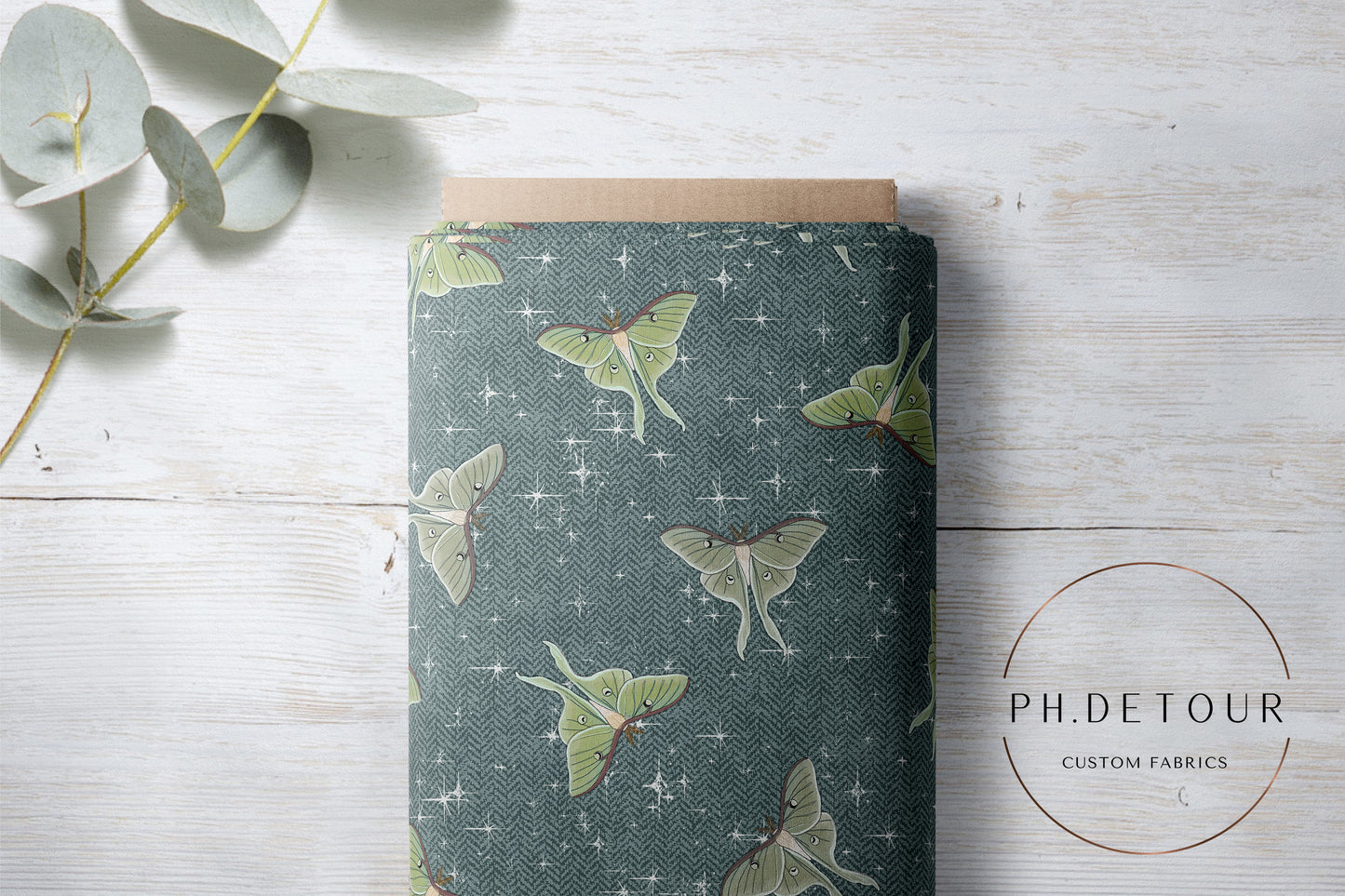 PREORDER - Luna Moths on Herringbone Texture Oasis - 1087 - Choose Your Base