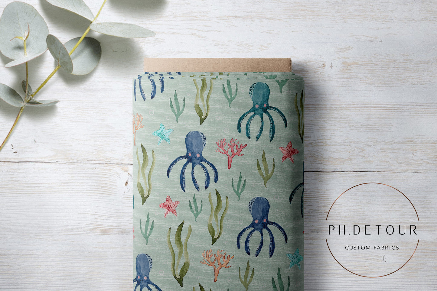 PREORDER - Octopuses on Handwoven Texture Mint - 1826 - Choose Your Base