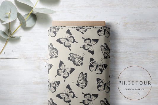 Claire Charcoal Butterflies on Cream (0394) - Organic Cotton Lycra