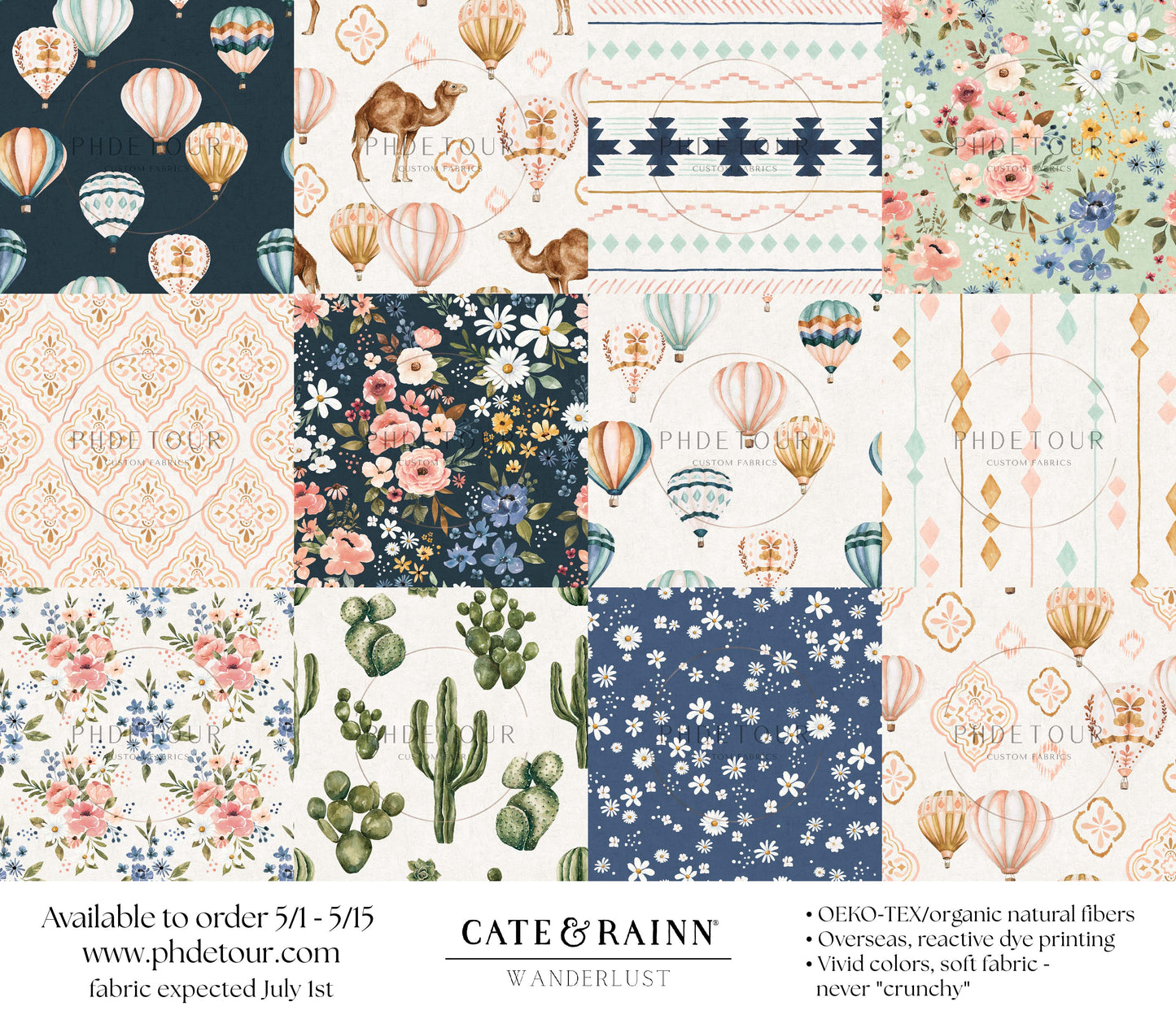 PREORDER - Cate and Rainn Collection - Wanderlust Hot Air Balloons on Cream - 3642 - Choose Your Base