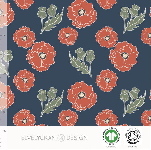 Elvelyckan - Organic Cotton Lycra - Poppies on Navy - 1 yard
