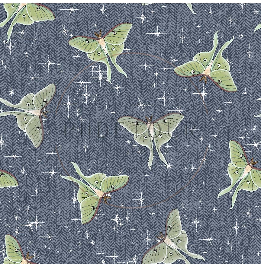 PREORDER - Luna Moths on Herringbone Texture Cadet - 1080 - Choose Your Base