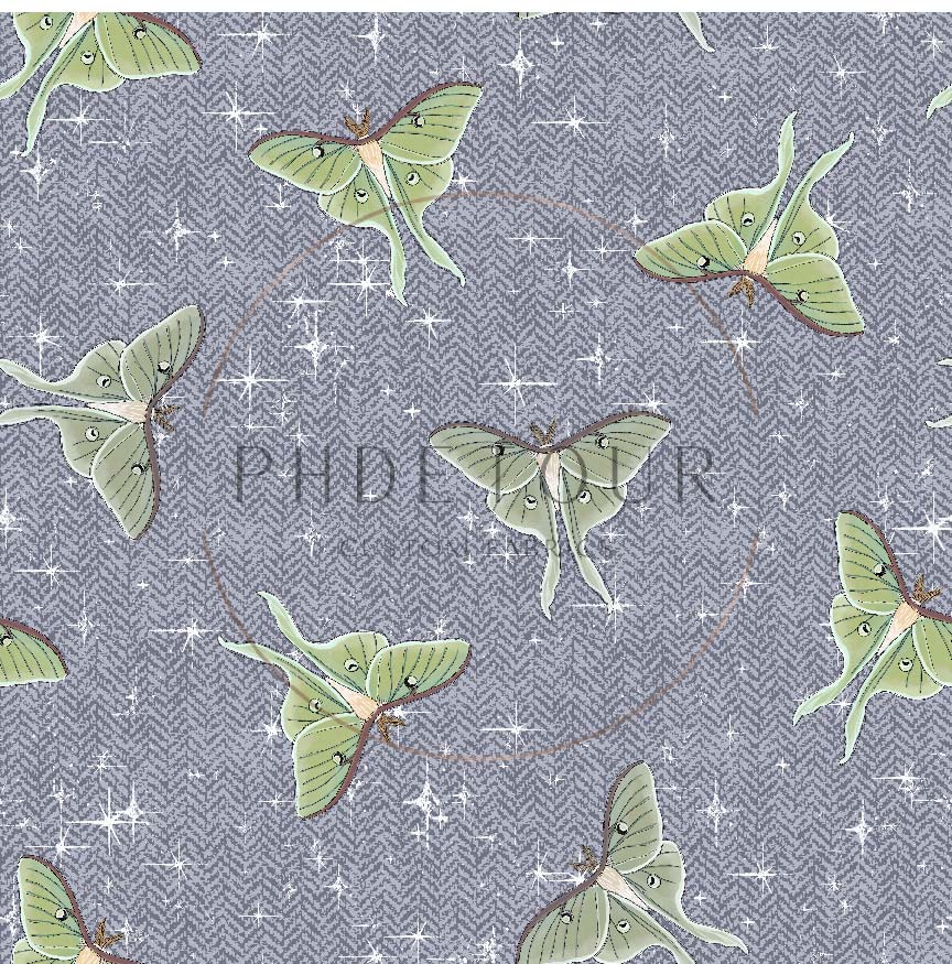 PREORDER - Luna Moths on Herringbone Texture Storm - 1092 - Choose Your Base