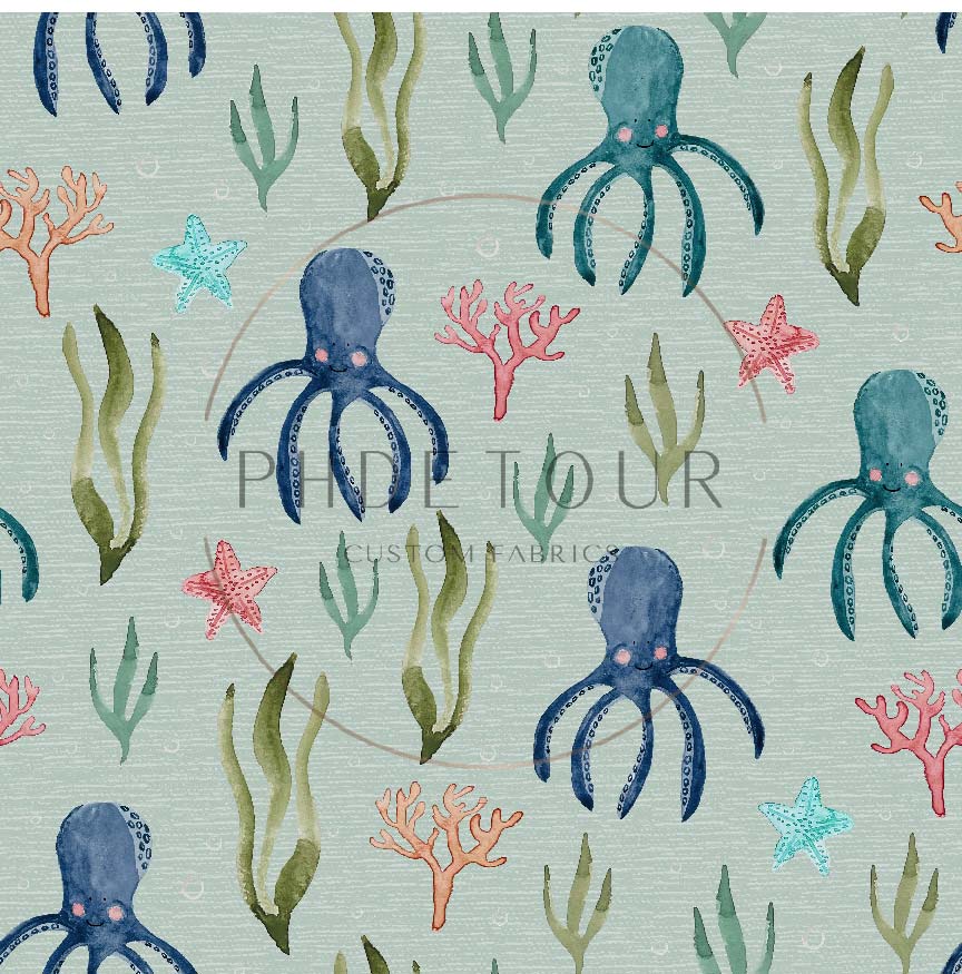 PREORDER - Octopuses on Handwoven Texture Mint - 1826 - Choose Your Base