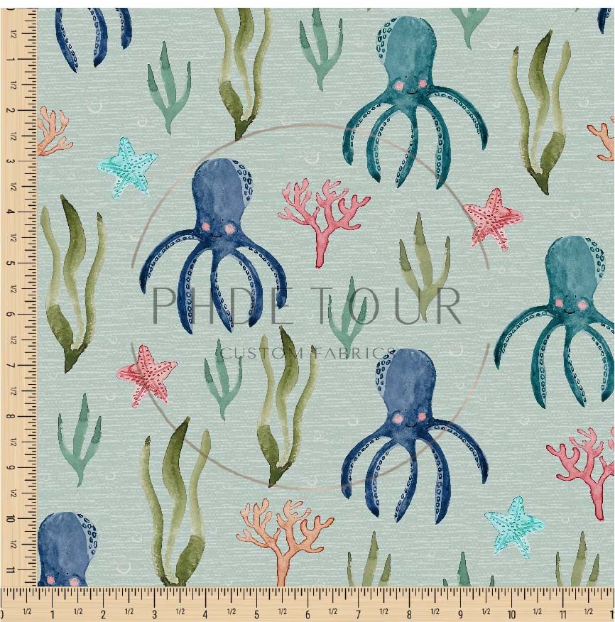 PREORDER - Octopuses on Handwoven Texture Mint - 1826 - Choose Your Base
