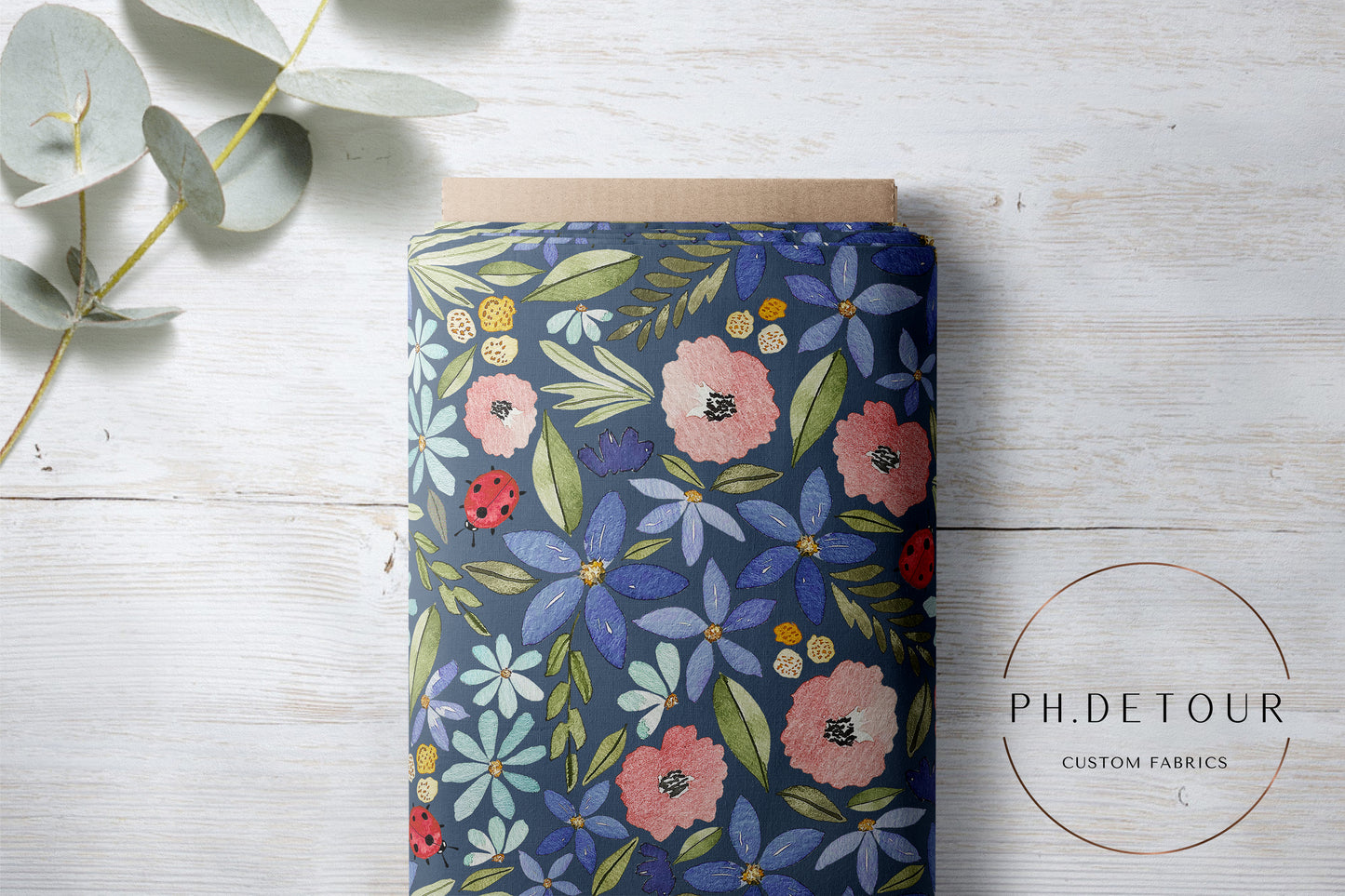 PREORDER - Watercolor Ladybug Floral on Cadet - 3176 - Choose Your Base