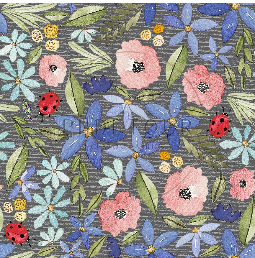 PREORDER - Watercolor Ladybug Floral on Handwoven Texture Charcoal - 3184 - Choose Your Base