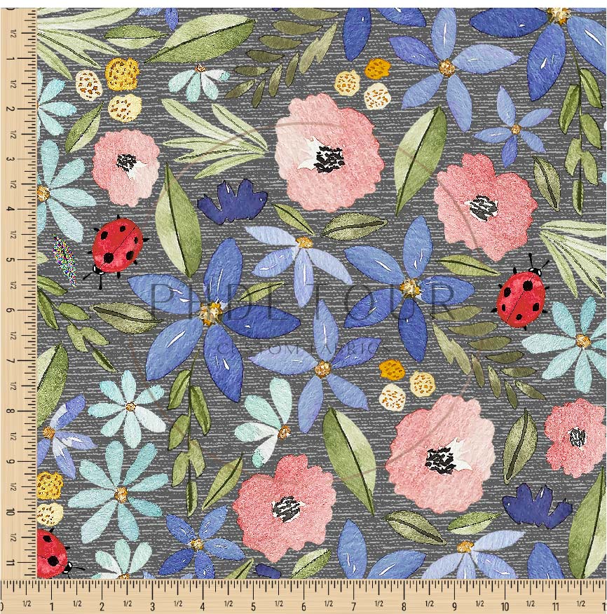 PREORDER - Watercolor Ladybug Floral on Handwoven Texture Charcoal - 3184 - Choose Your Base