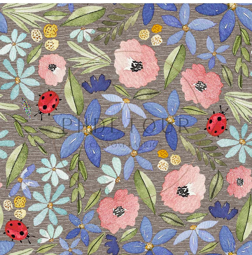 PREORDER - Watercolor Ladybug Floral on Handwoven Texture Fossil - 3185 - Choose Your Base