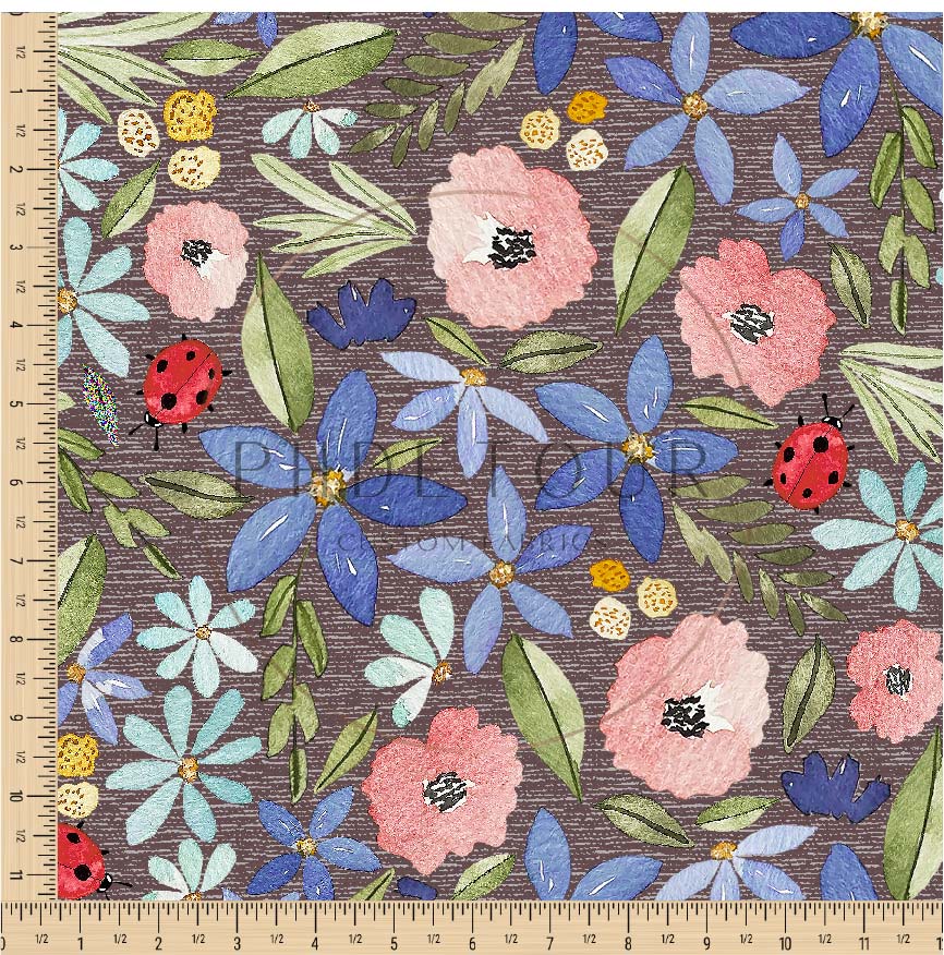PREORDER - Watercolor Ladybug Floral on Handwoven Texture Raisin - 3190 - Choose Your Base