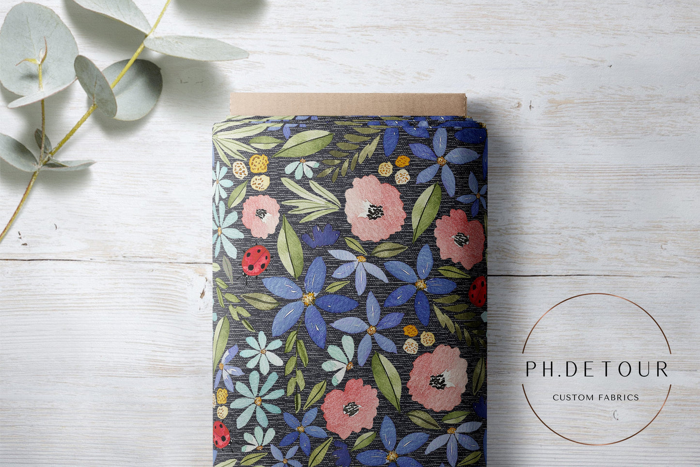 PREORDER - Watercolor Ladybug Floral on Handwoven Texture Space - 3192 - Choose Your Base