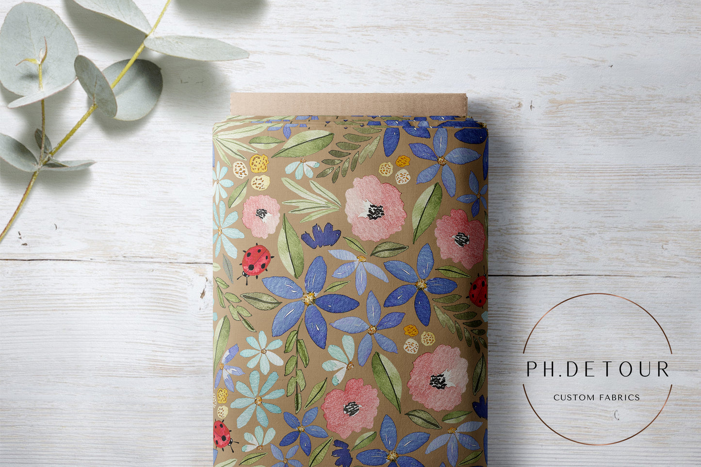 PREORDER - Watercolor Ladybug Floral on Khaki - 3195 - Choose Your Base