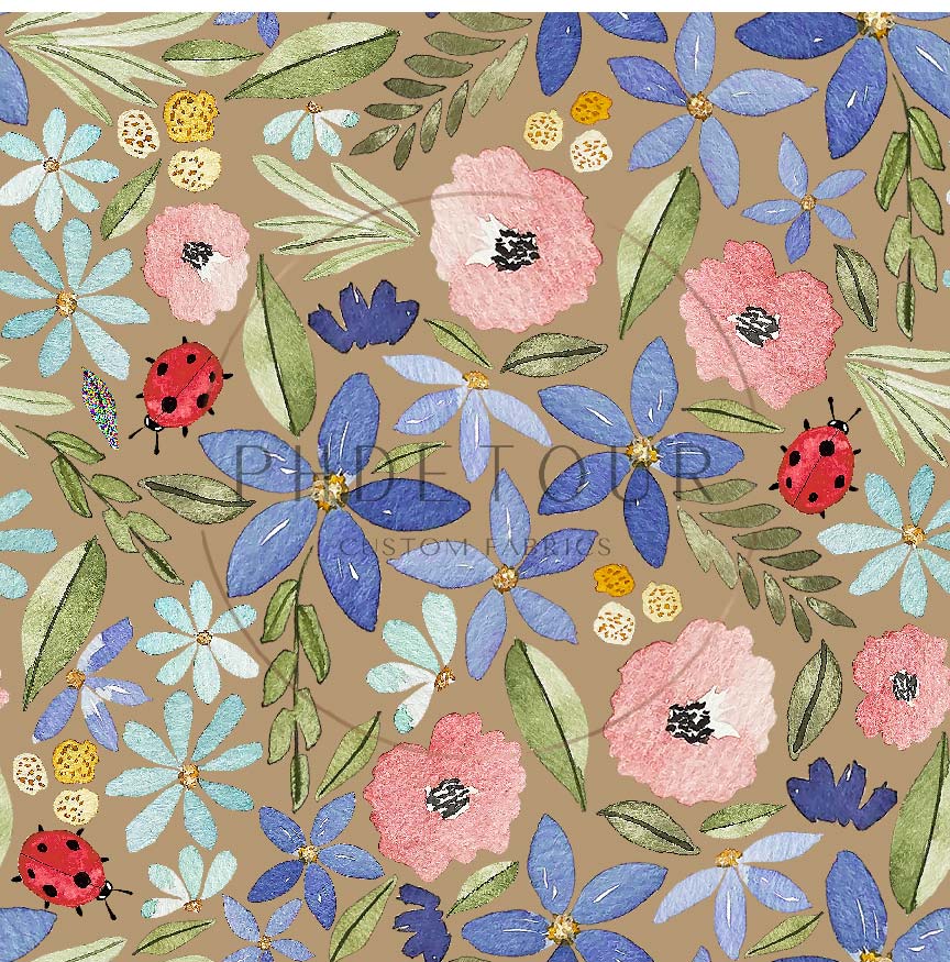 PREORDER - Watercolor Ladybug Floral on Khaki - 3195 - Choose Your Base