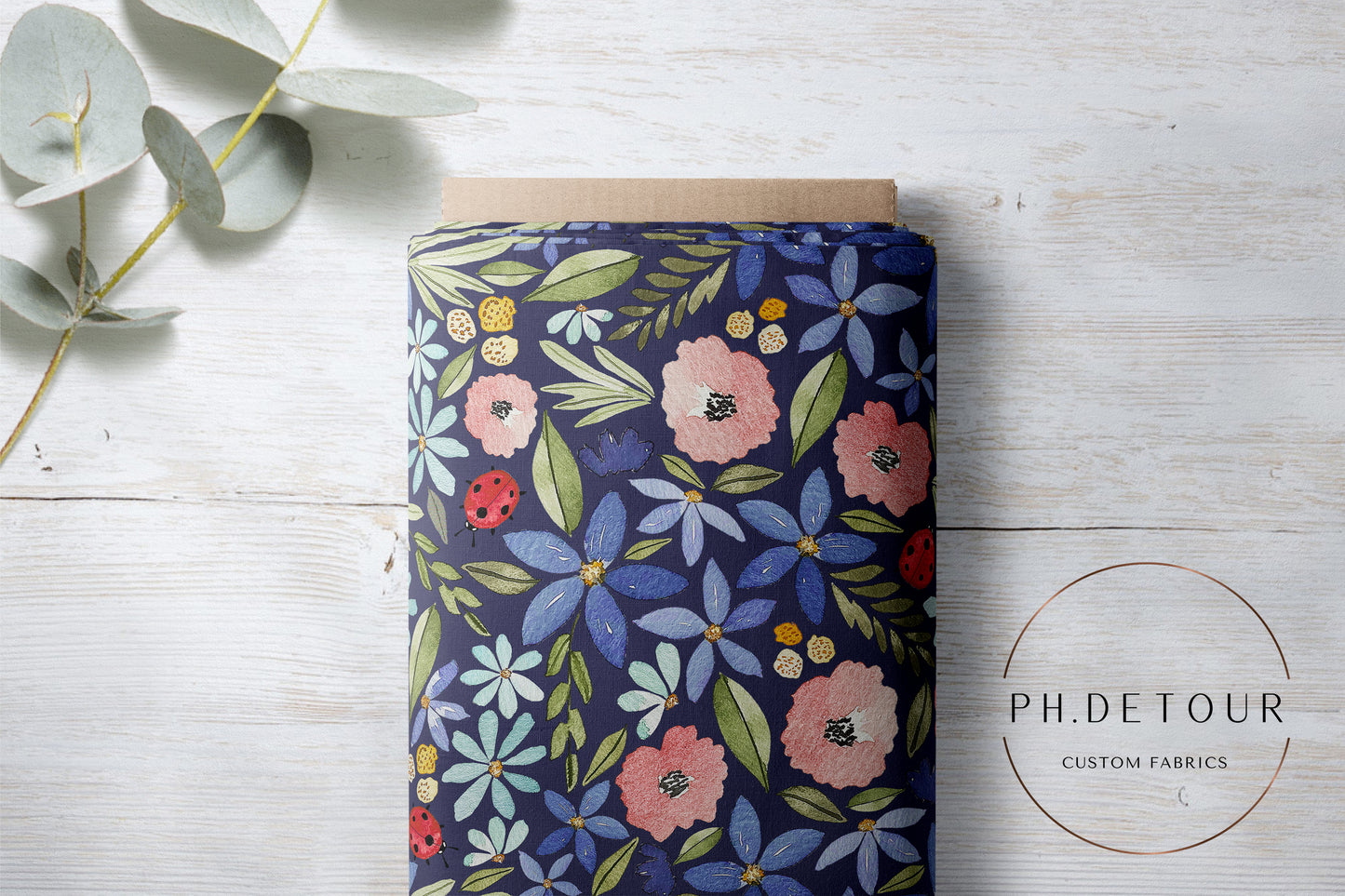 PREORDER - Watercolor Ladybug Floral on Navy - 3197 - Choose Your Base