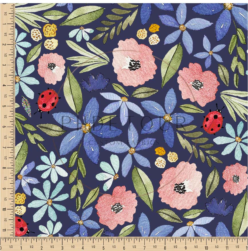PREORDER - Watercolor Ladybug Floral on Navy - 3197 - Choose Your Base