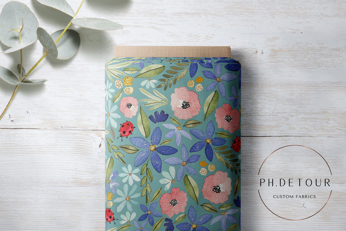 PREORDER - Watercolor Ladybug Floral on Ocean - 3199 - Choose Your Base