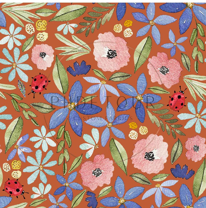 PREORDER - Watercolor Ladybug Floral on Sienna - 3202 - Choose Your Base