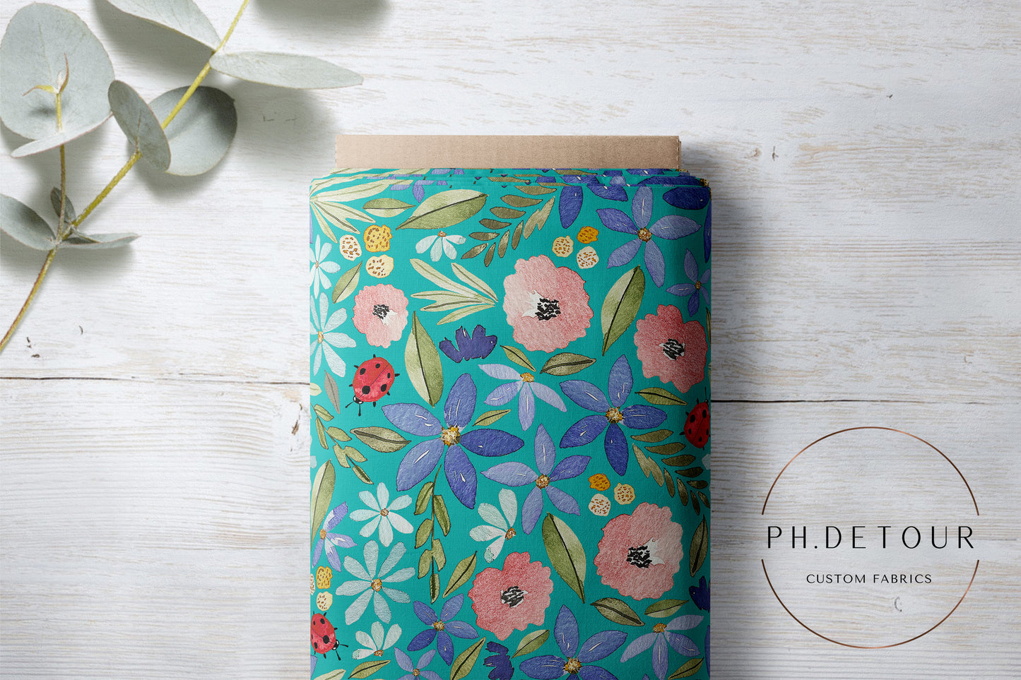 PREORDER - Watercolor Ladybug Floral on Teal - 3208 - Choose Your Base