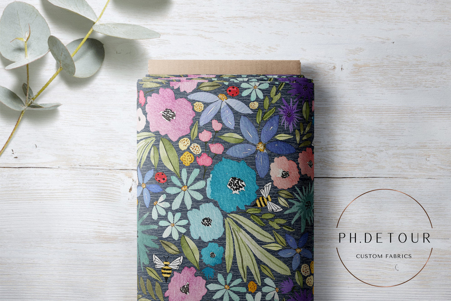 PREORDER - Watercolor Rainbow Floral on Handwoven Texture Cadet - 3250 - Choose Your Base