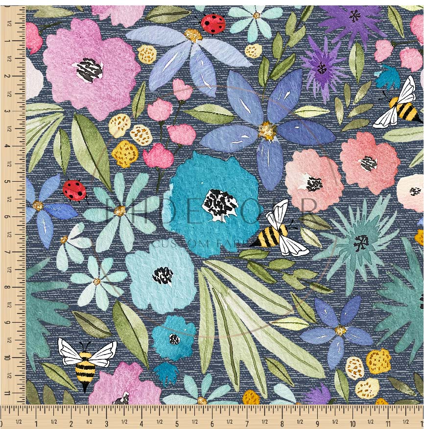 PREORDER - Watercolor Rainbow Floral on Handwoven Texture Cadet - 3250 - Choose Your Base